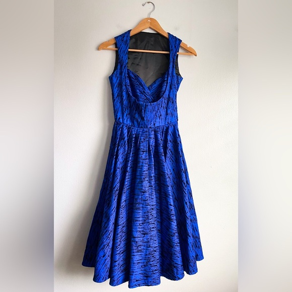 Laura Byrne Blue Flocked Vintage Fit Flare Retro Swing Dress Prom Wedding Formal - Picture 9 of 15